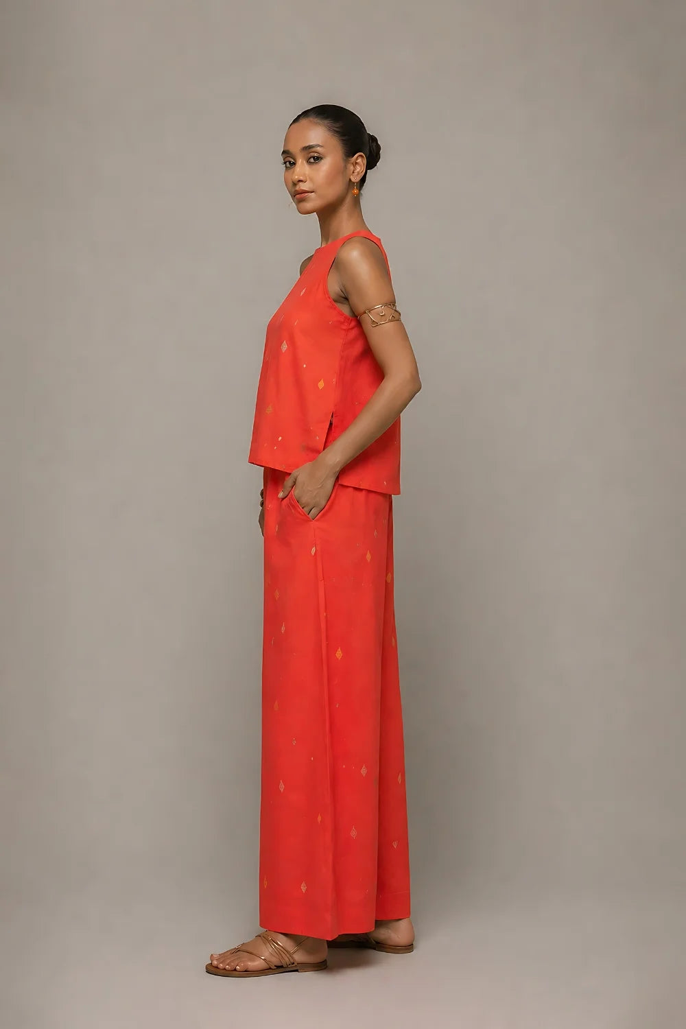 Close Up of Jamdani Weave Motifs on Coral Cotton Co-ord Set