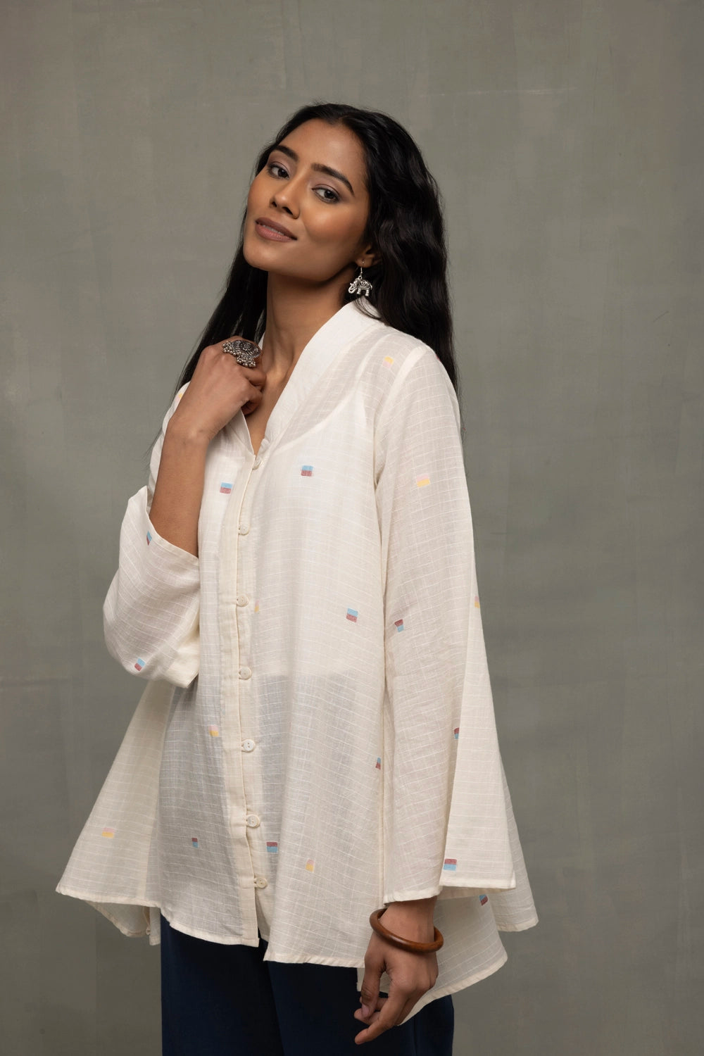 Close Up of Jamdani Weave Motifs on Ivory Breeze Cotton Top