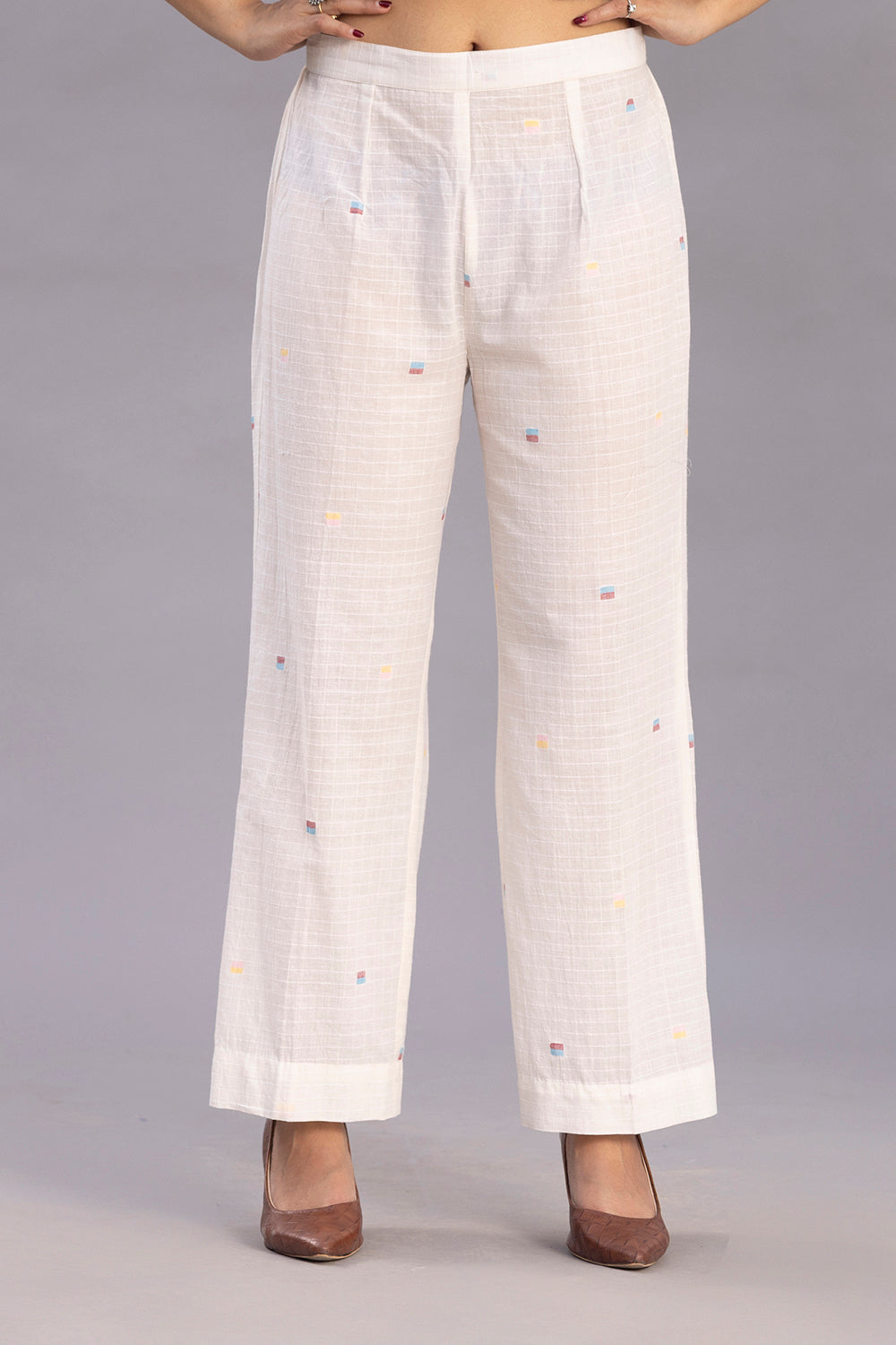 Close Up of Jamdani Weave Motifs on Ivory Slit Co-ord Set