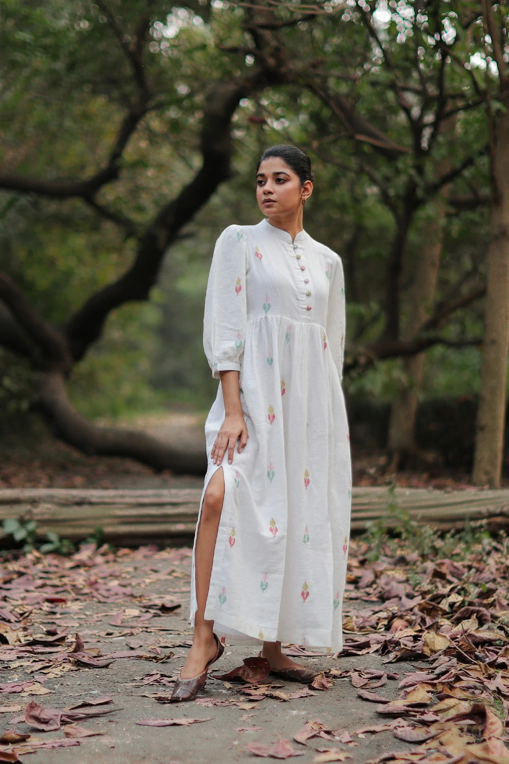 Close Up of Jamdani Weave Motifs on Whimsy White Cotton Dress