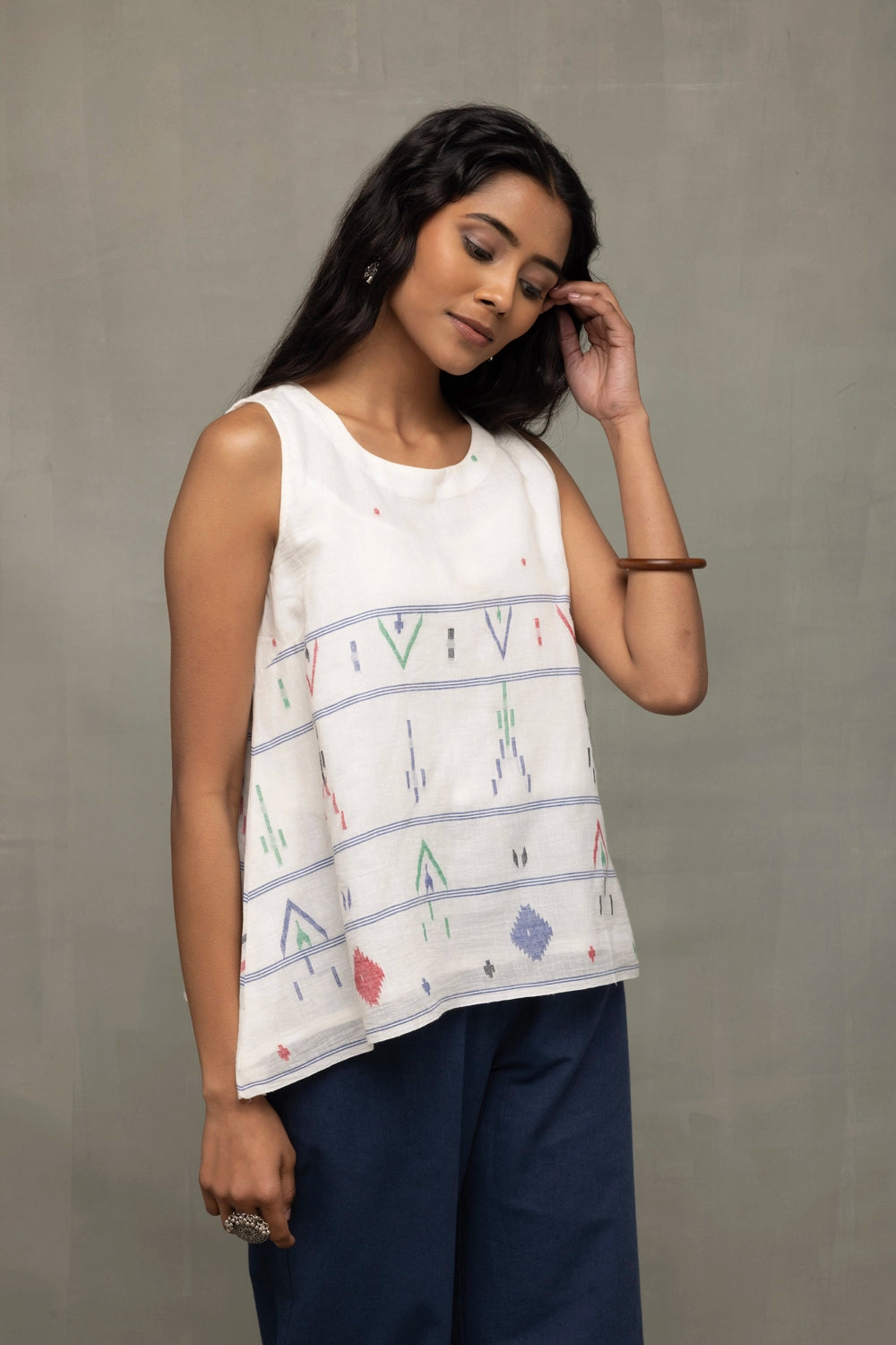 Close Up of Jamdani Weave Motifs on White Mist Cotton Top