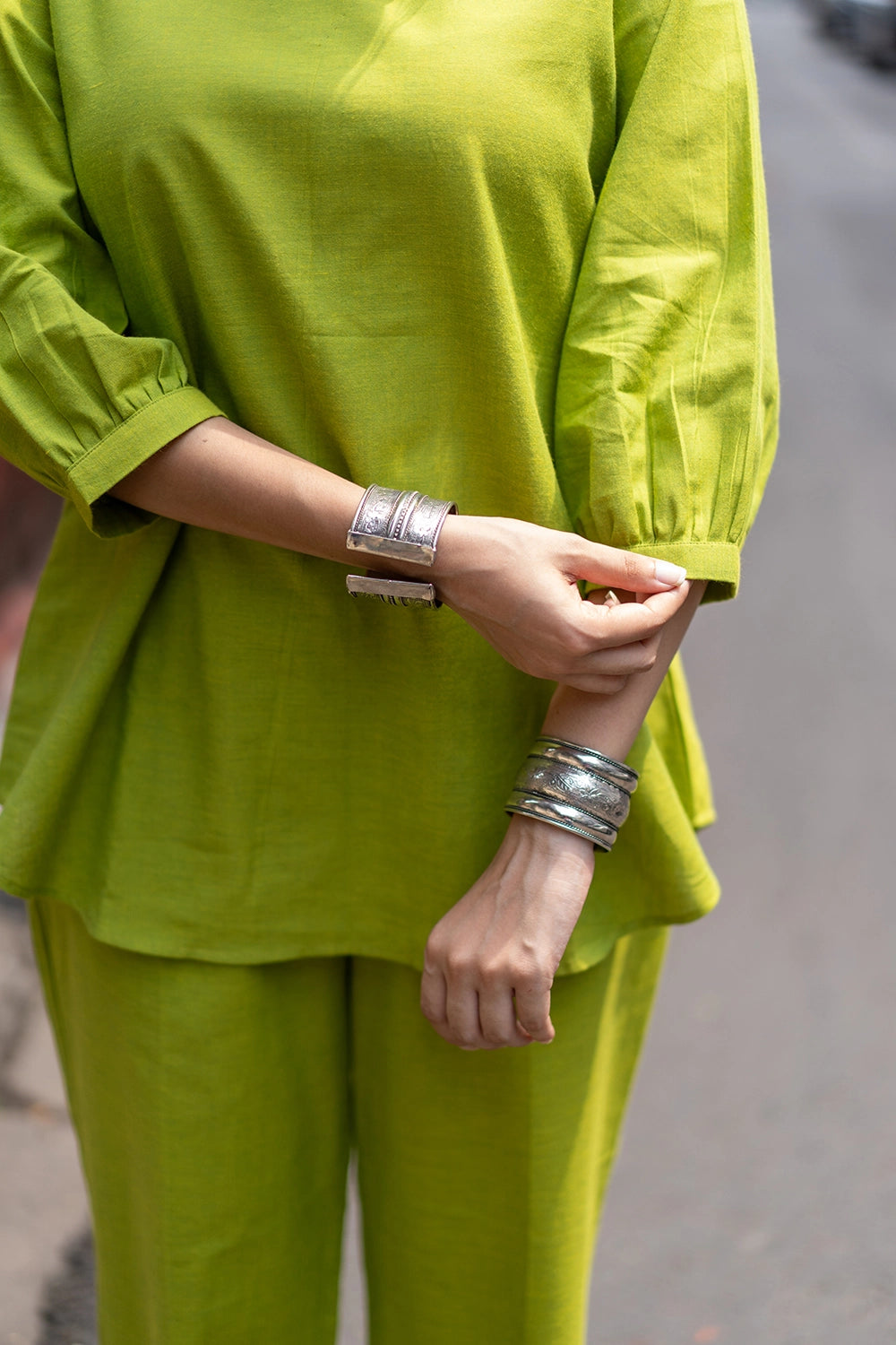 close-up-of-malai-cotton-fabric-texture-on-green-co-ord-set