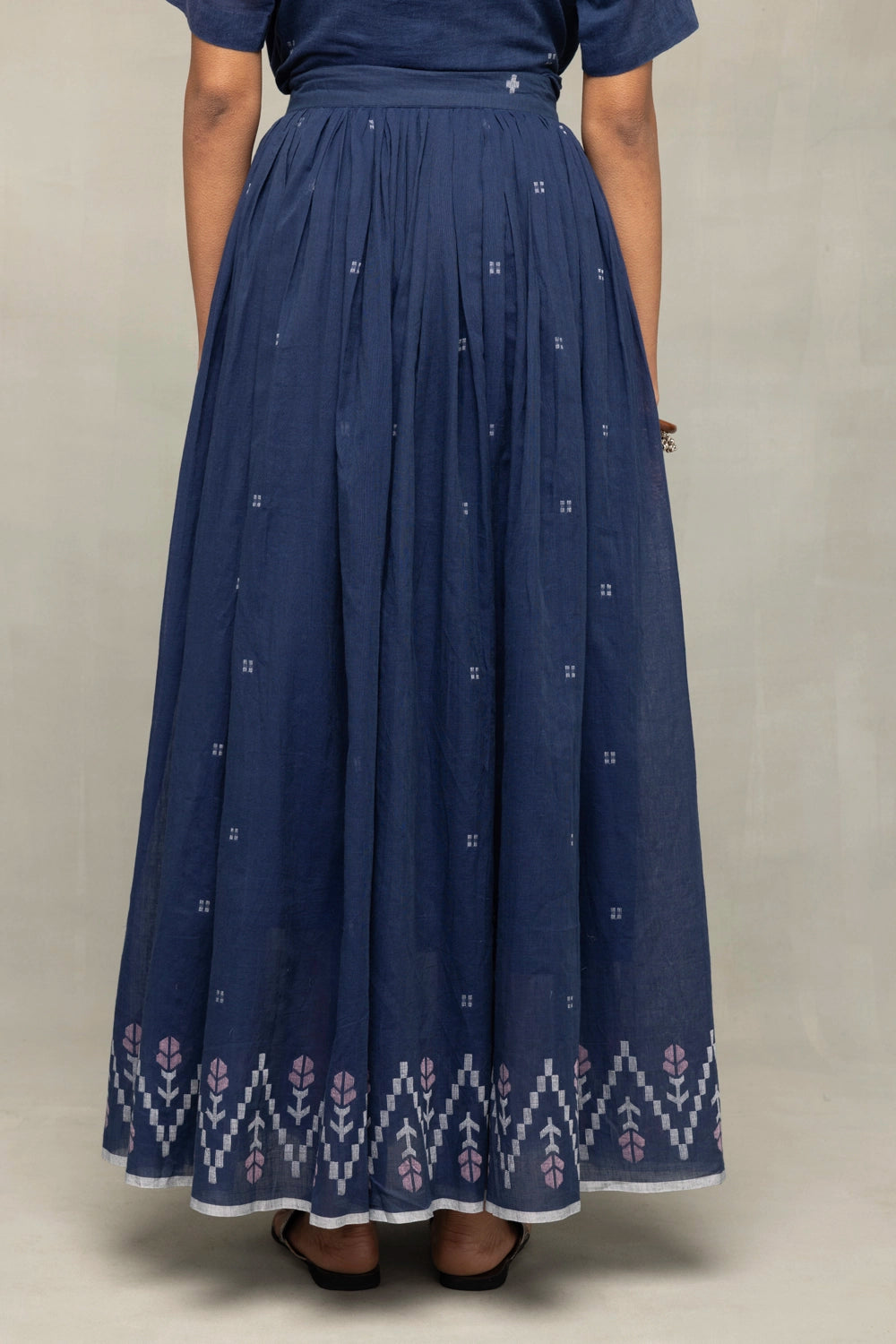 Close Up of Meadow Jamdani Weave Motifs on Navy Blue Handwoven Skord