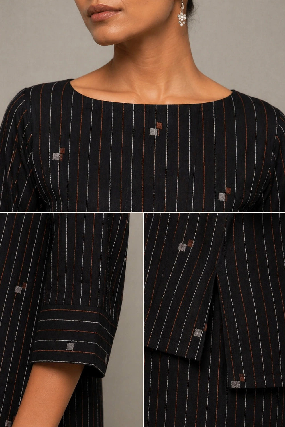 Close Up of Metallic Bronze Silver Motifs on Black Jamdani Co-ord Set