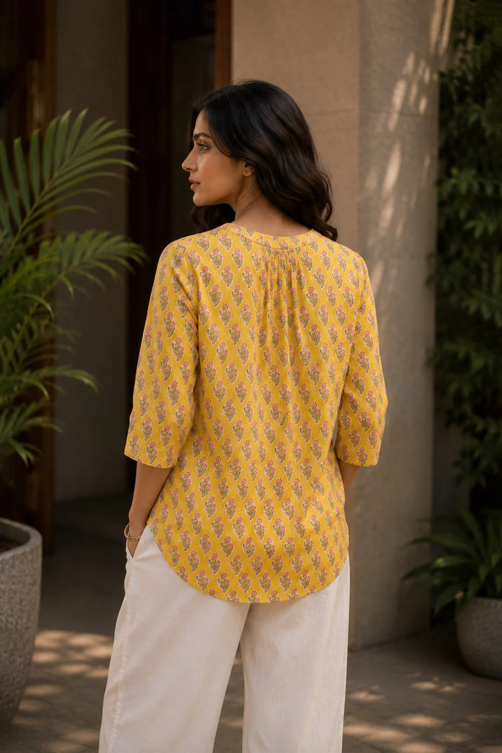 Close Up of Pink Floral Block Print Pattern on Yellow Pure Cotton Top