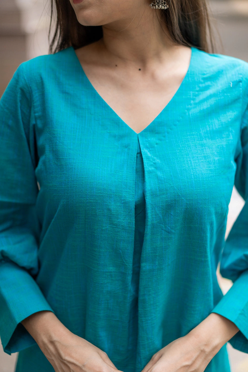 Close Up of Pure Cotton Fabric Texture on Teal Green Co-ord Set