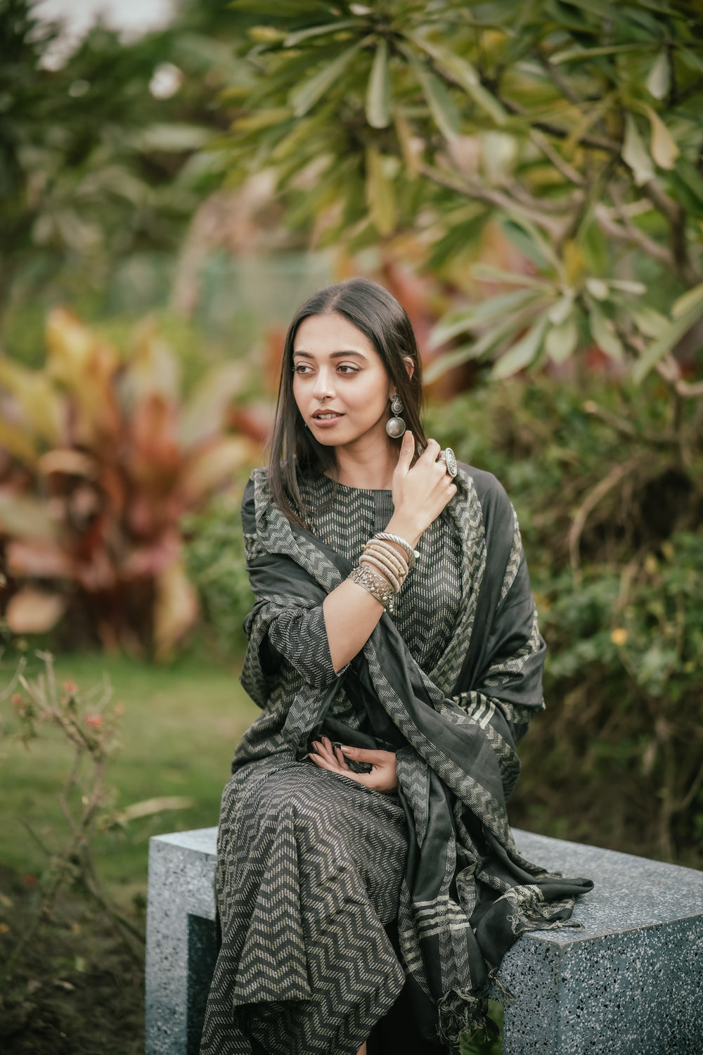 Close Up of Woven Texture on Black Cotton Silk Kurta Set with Dupatta