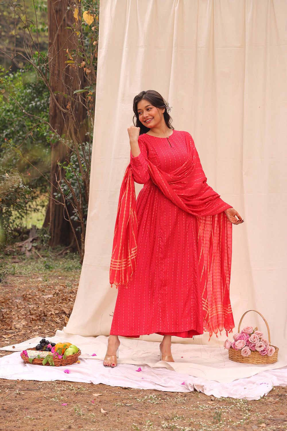 Close Up of Woven Texture on Candy Red Soft Cotton Silk Kurta Set