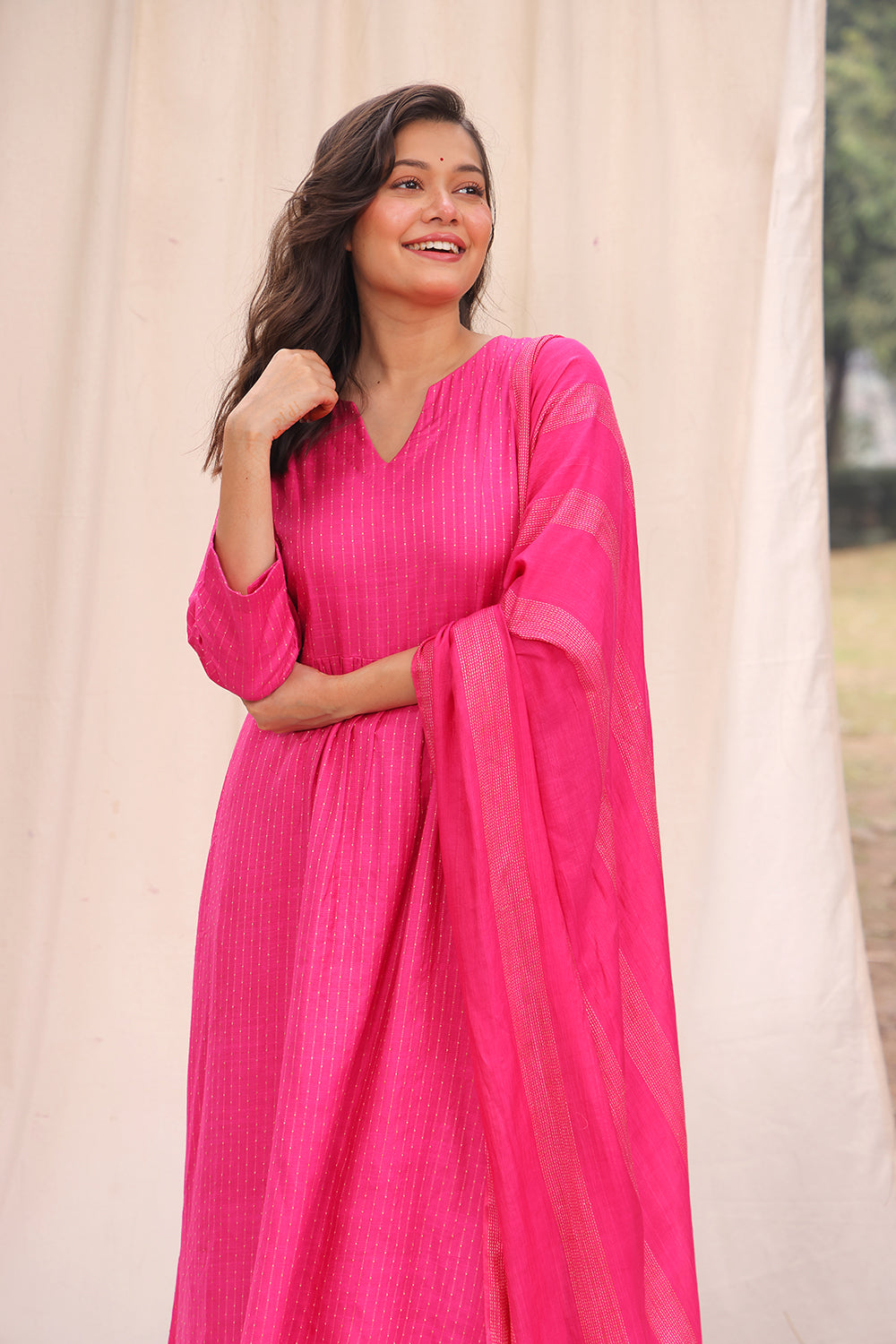 Close Up of Woven Texture on Hot Pink Soft Cotton Silk Kurta Set