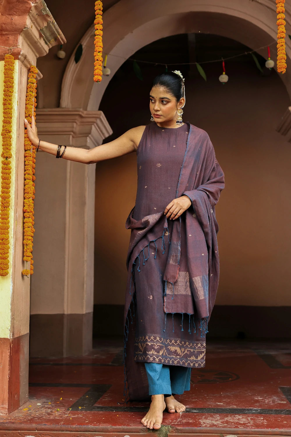 Coca Cola Brown Jamdani Straight Fit Kurta Set with Zari Dupatta for Casual Wear