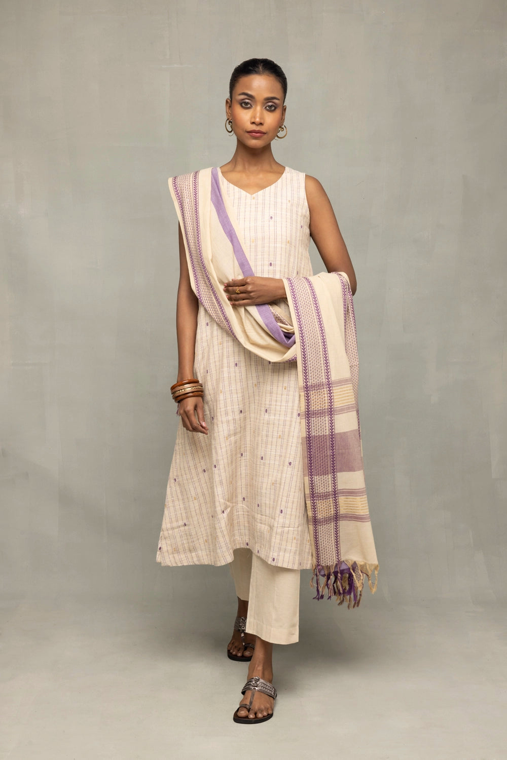 Cream and Mauve South Cotton Zari Kurta Set with Dupatta