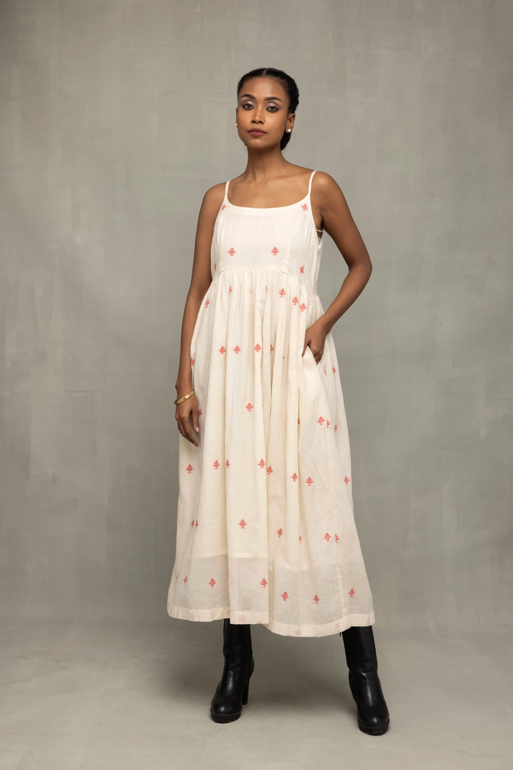 Cream Red Dheki Pure Cotton Jamdani Dress