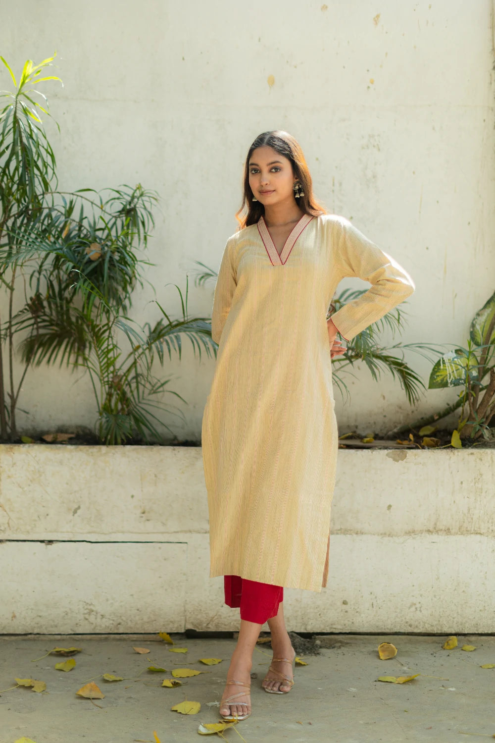 Cream Red Pure South Cotton Woven Straight Fit Kurta Set with Dupatta
