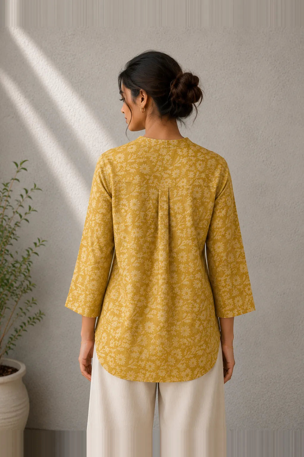 Detail View of Batik Print on Mustard Khadi Cotton Top