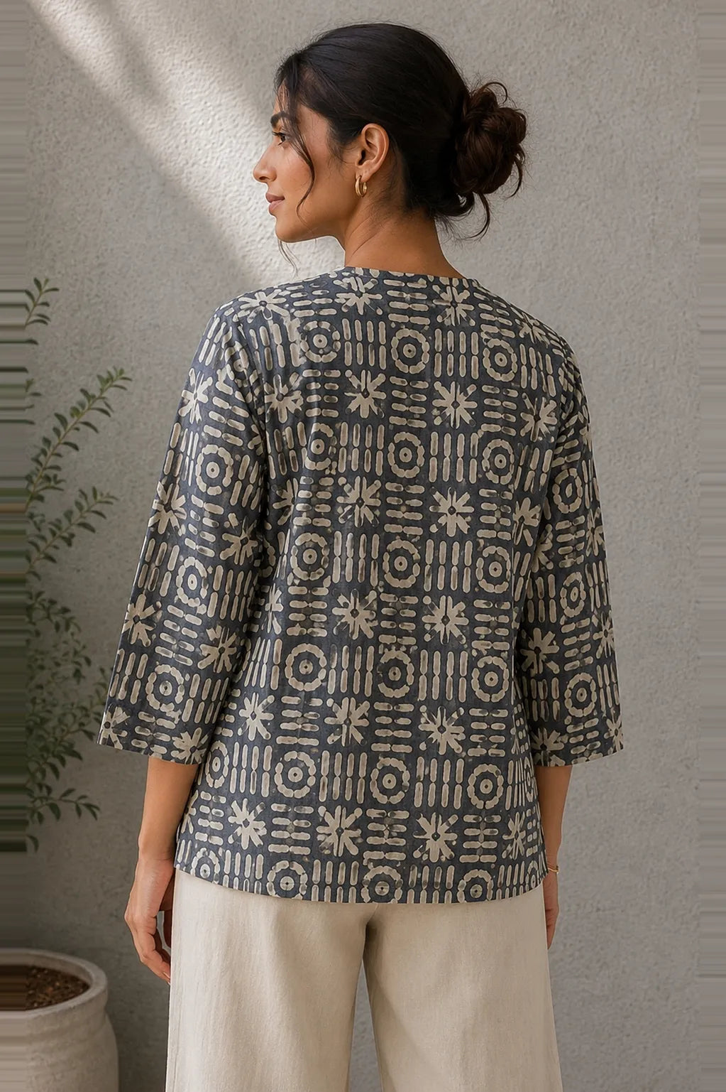 Detail View of Batik Print on Stone Blue Khadi Cotton Top