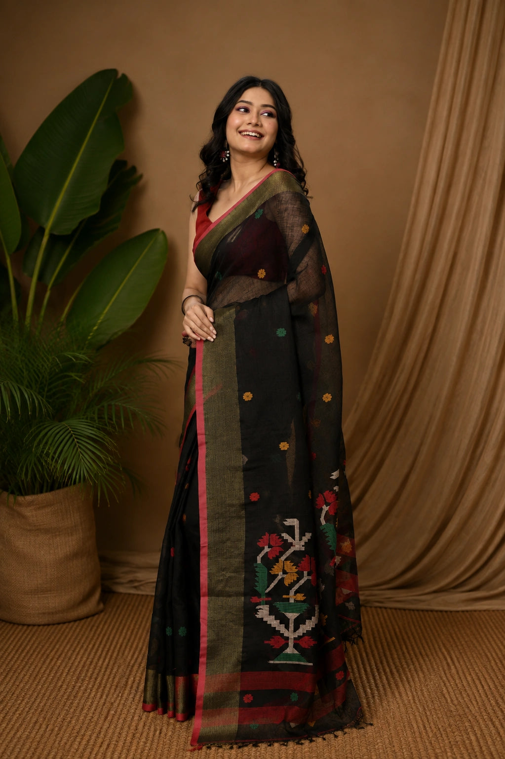 Handloom Black Pure Linen Zari Jamdani Saree