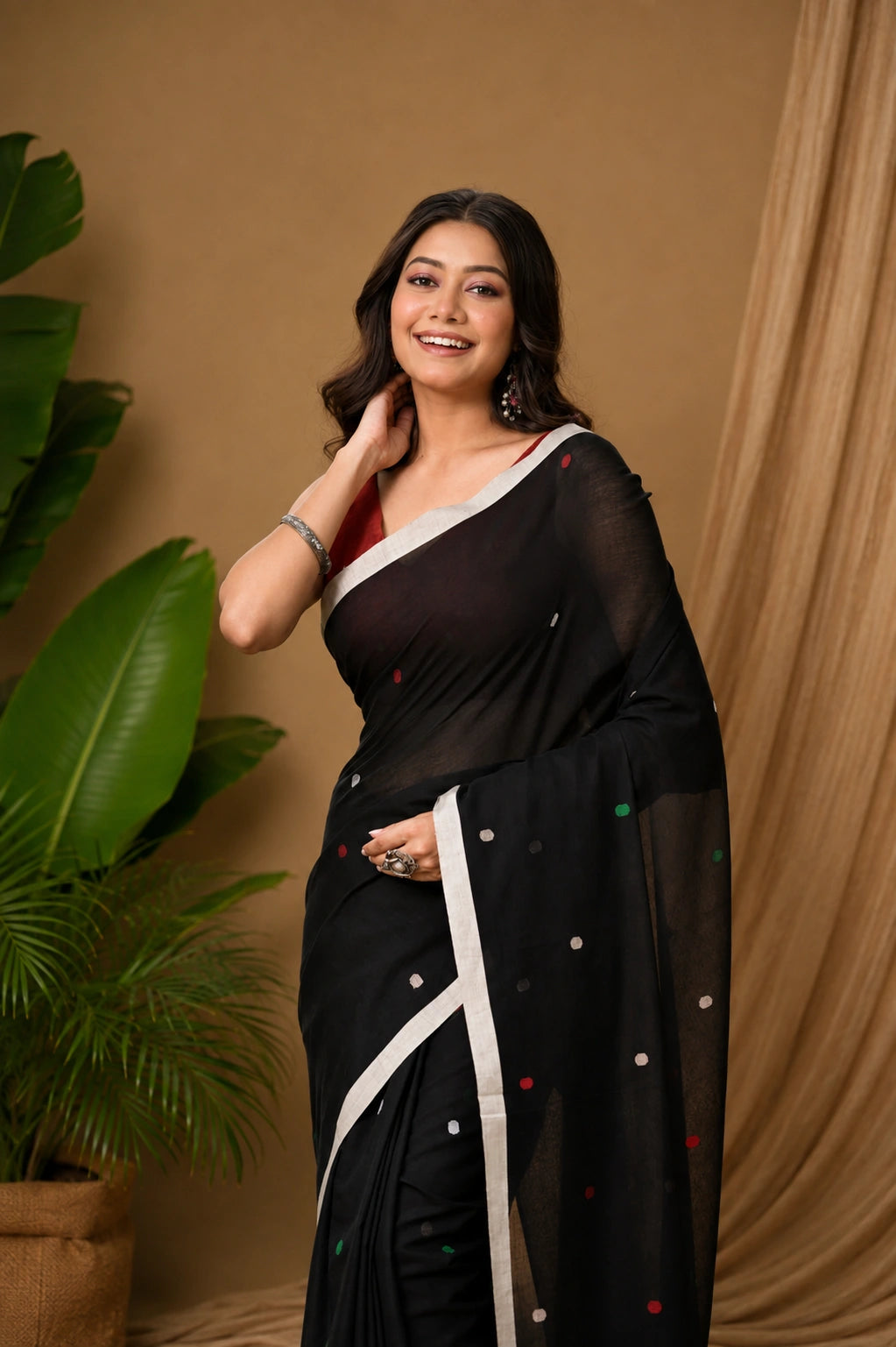 Handloom Black Soft Cotton Jamdani Saree with Woven Bird Motifs