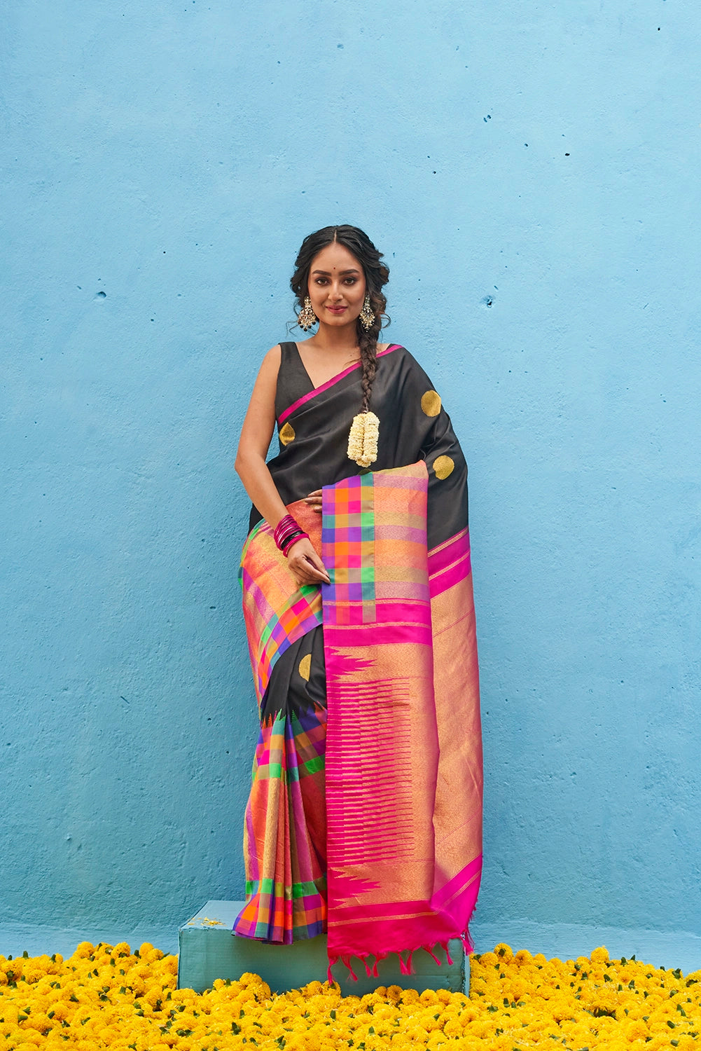 Handloom Black & Hot Pink Pure Silk Kanjeevaram Saree & Gold Zari