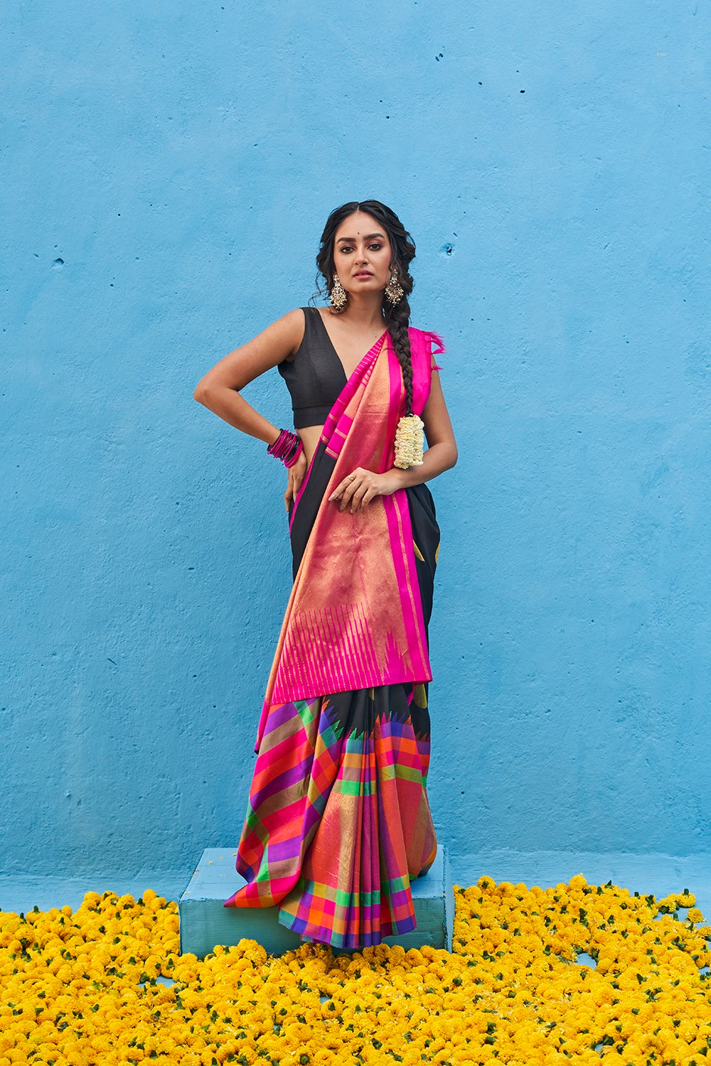 Handloom Black & Hot Pink Pure Silk Kanjeevaram Saree & Gold Zari