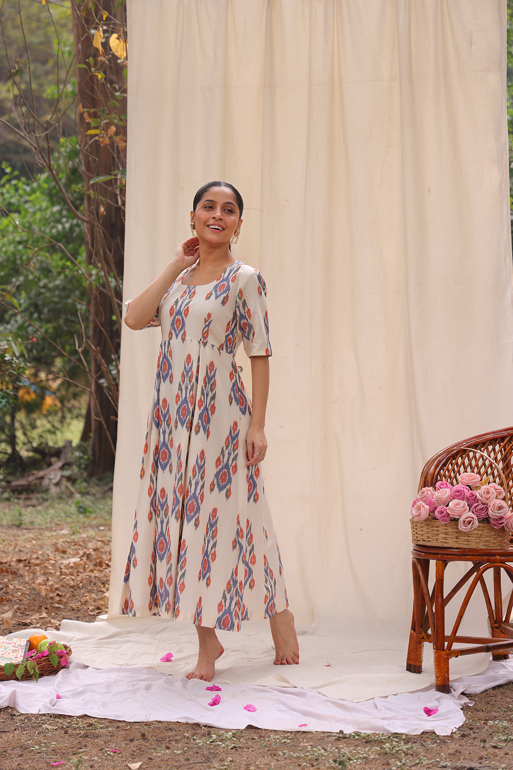 Elegant Amber and Cream Ikkat Cotton Dress for Festive and Ethnic Wear