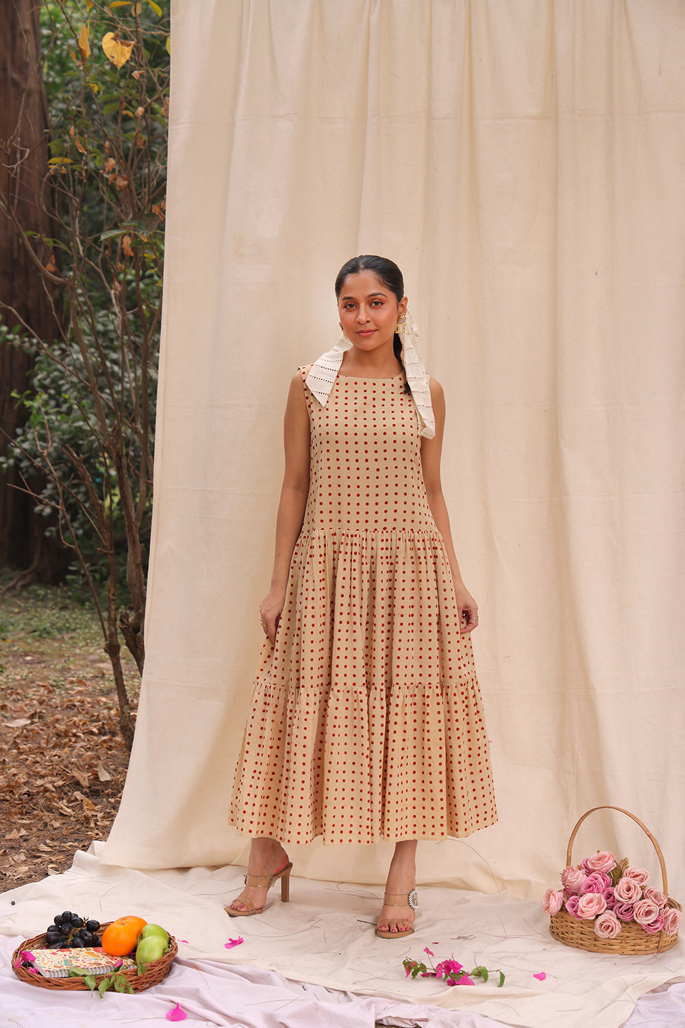 Elegant Beige Polka Block Print Cotton Dress for Festive and Ethnic Wear