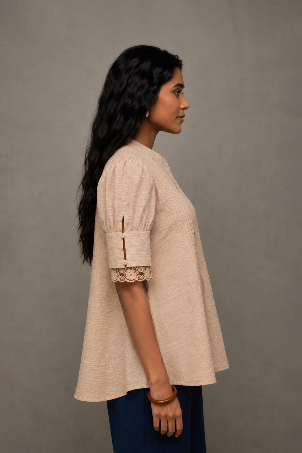 Elegant Beige Pure Cotton Buttoned Top for Casual Wear