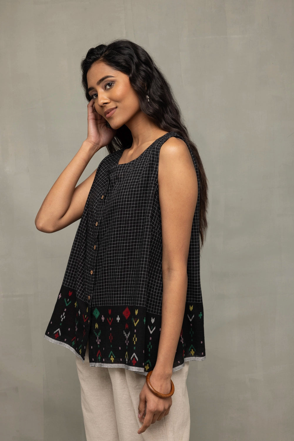 Elegant Black Checkered Jamdani Handwoven Top for Office Wear