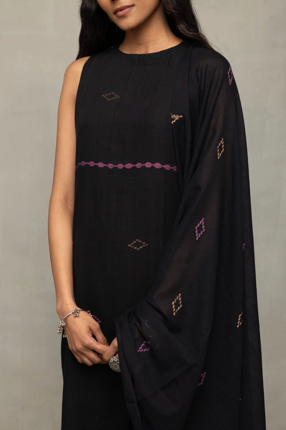 Elegant Black Cotton Jamdani Kurta Set with Dupatta for Festive Wear