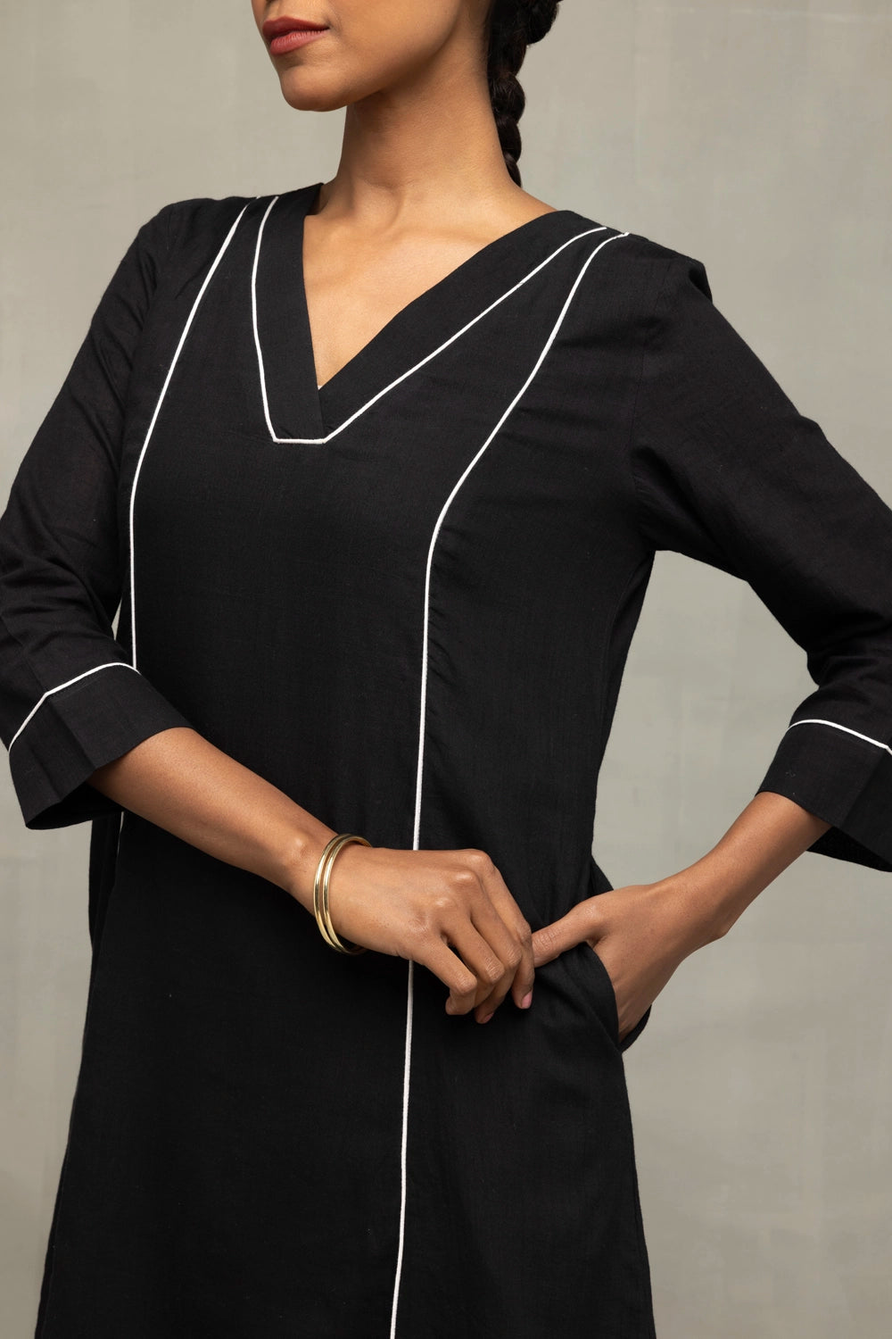 Elegant Black Kurta Set with White Piping and Jamdani Dupatta for Festive Wear
