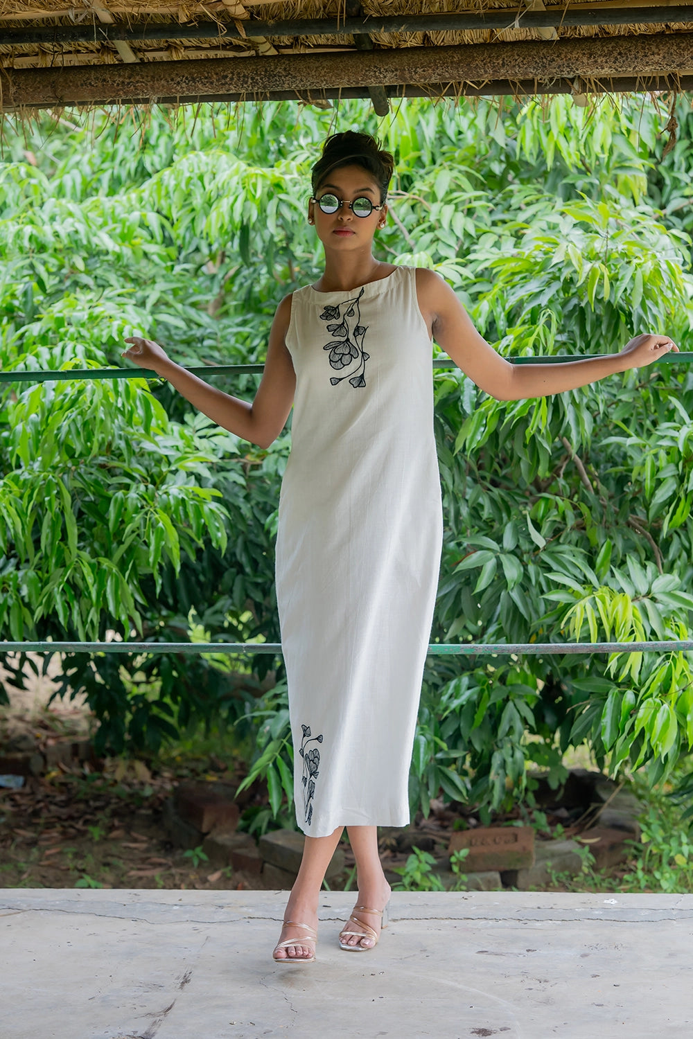 Elegant Black on White South Cotton Dress for Festive Wear