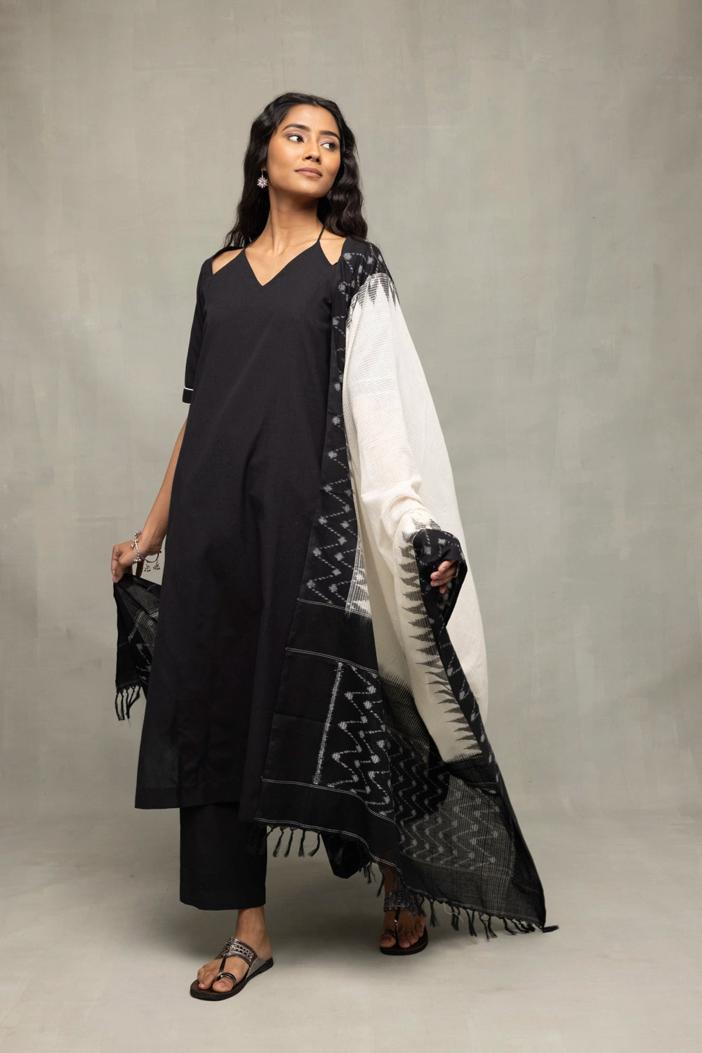 Elegant Black Pure Cotton Kurta Set with Ikkat Dupatta for Festive Wear