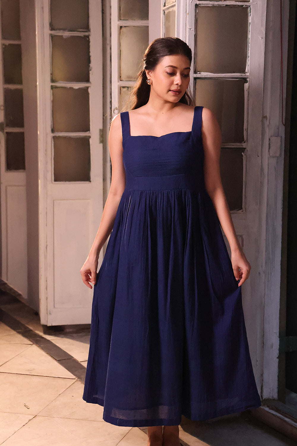 Elegant Blue Dusk Jamdani Cotton Dress for Festive and Ethnic Wear