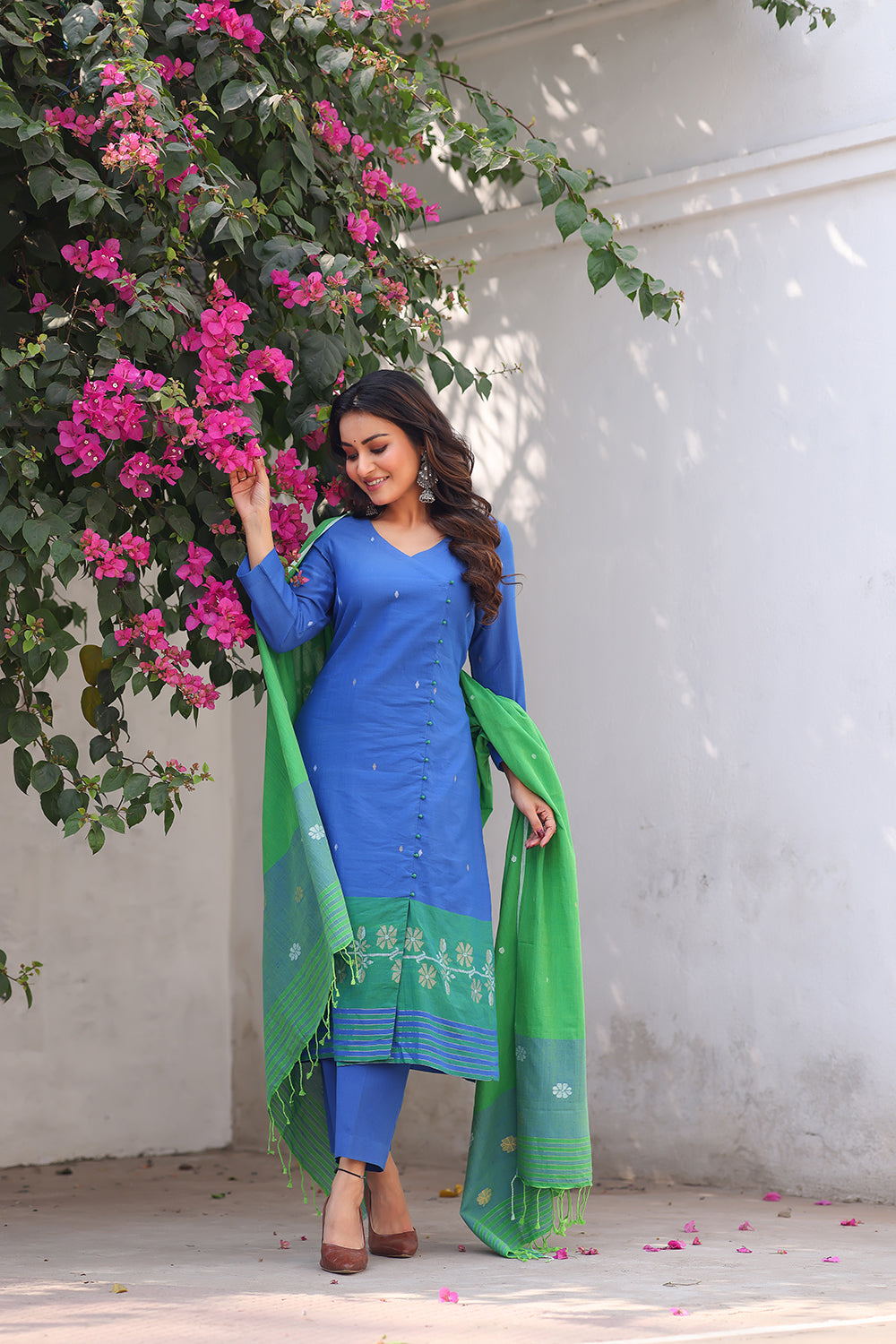 Elegant Blue and Green Jamdani Kurta Set with Dupatta for Festive Wear