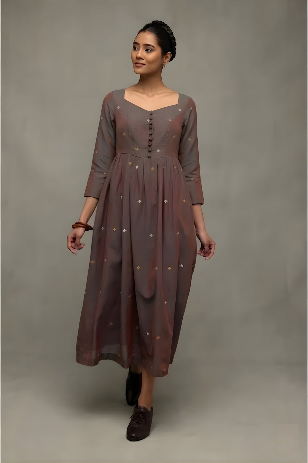 Elegant Brown Duo Tone Jamdani Midi Dress for Festive Wear