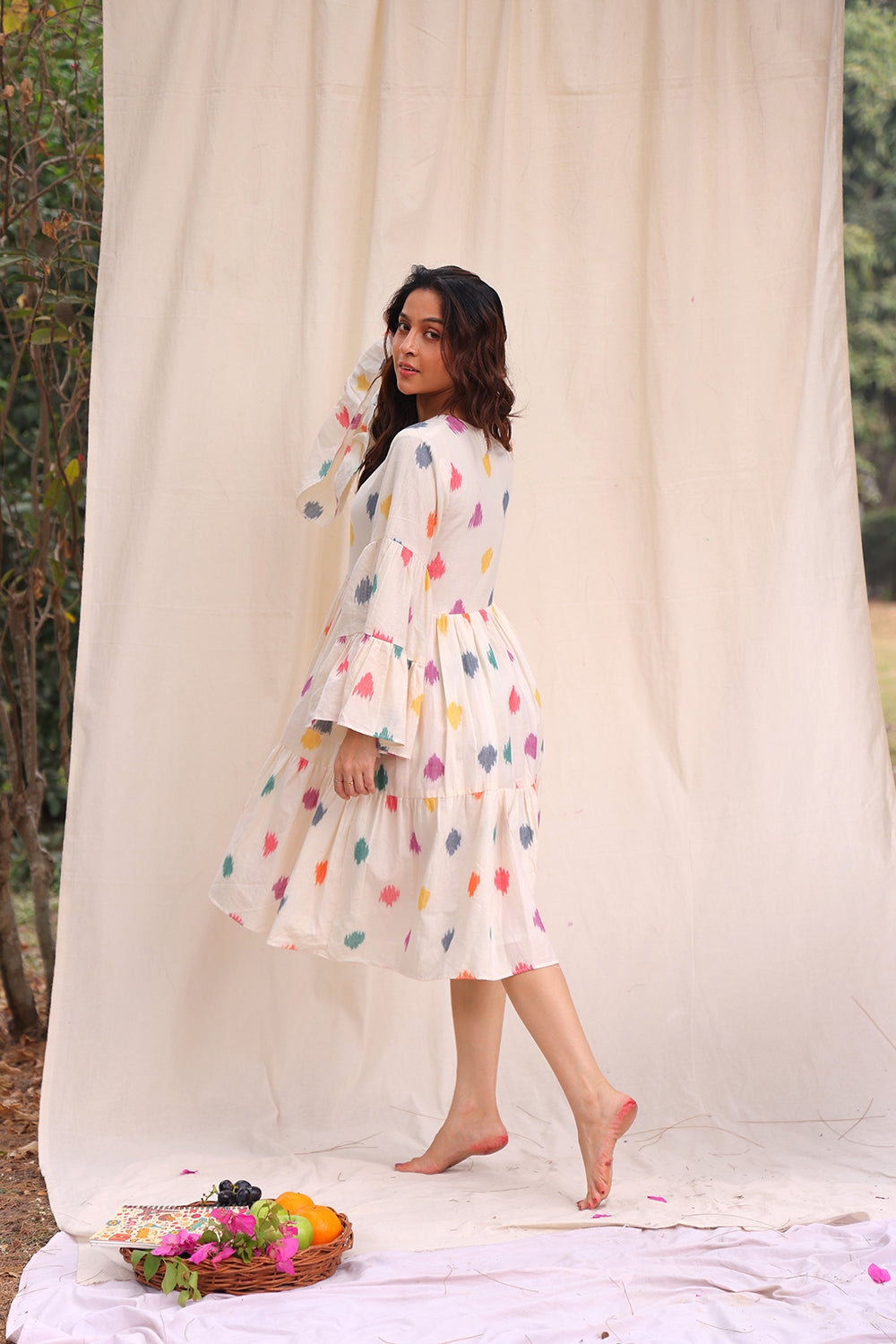 Elegant Canvas Off White Ikkat Cotton Dress for Festive Wear