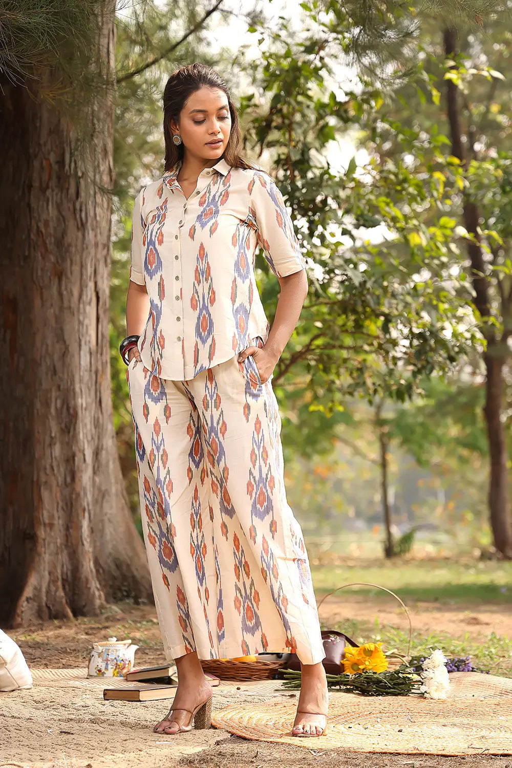 Elegant Cream Pure Cotton Ikat Co-ord Set for Festive and Ethnic Wear