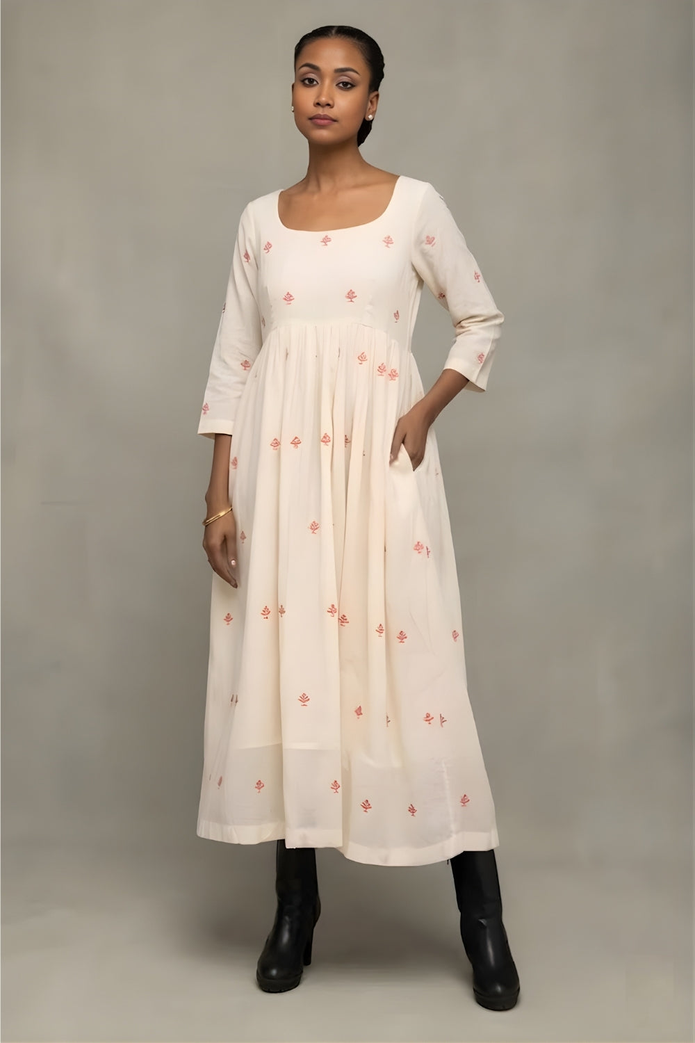 Elegant Cream and Red Dheki Jamdani Dress for Festive Wear
