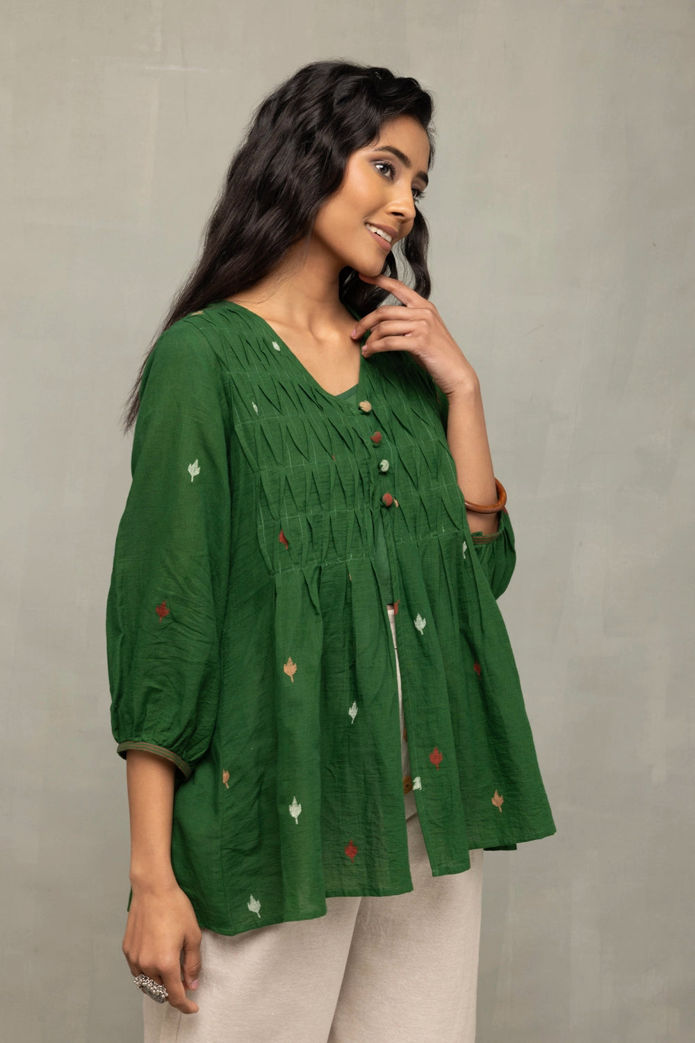 Elegant Forest Green Jamdani Handwoven Top for Festive and Ethnic Wear
