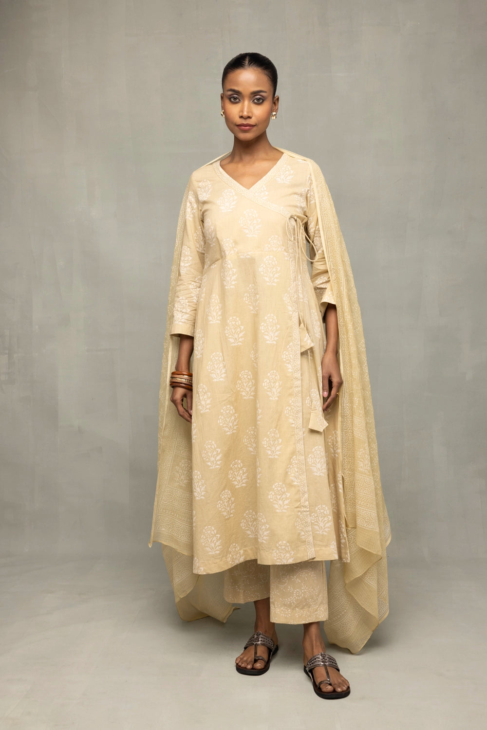 Elegant Gold Hand Block Printed Angrakha Kurta Set for Festive Wear
