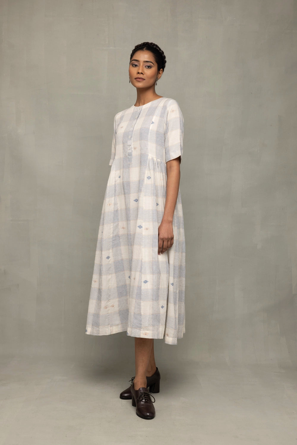 Elegant Ivory and Blue Checkered Jamdani Dress for Festive Wear