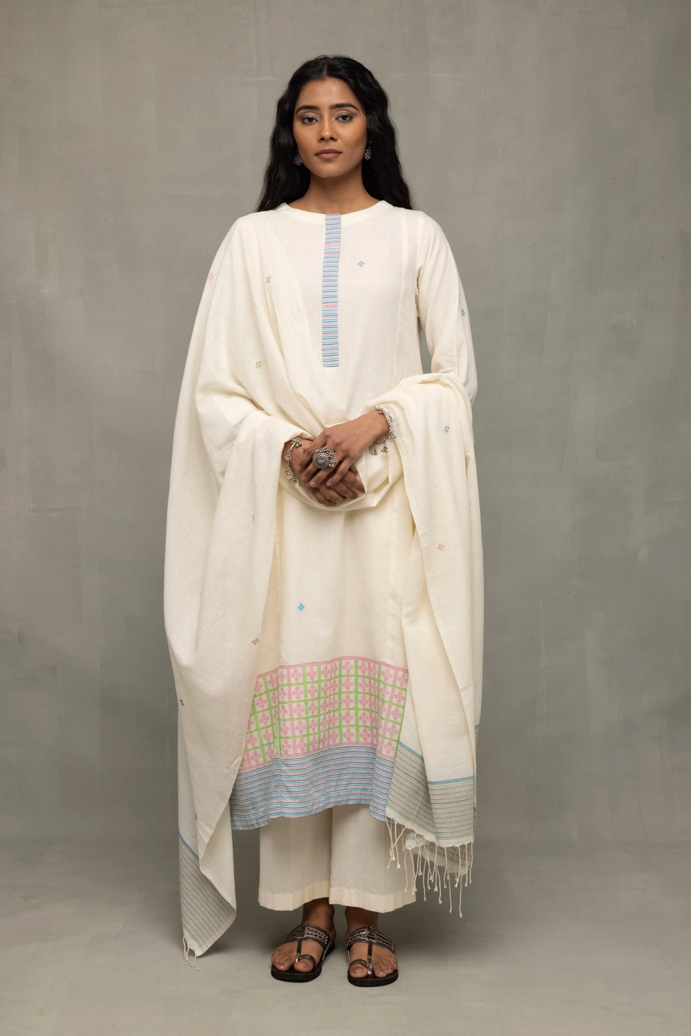 Elegant Ivory Jamdani Kurta Set with Stripes Dupatta for Festive Wear