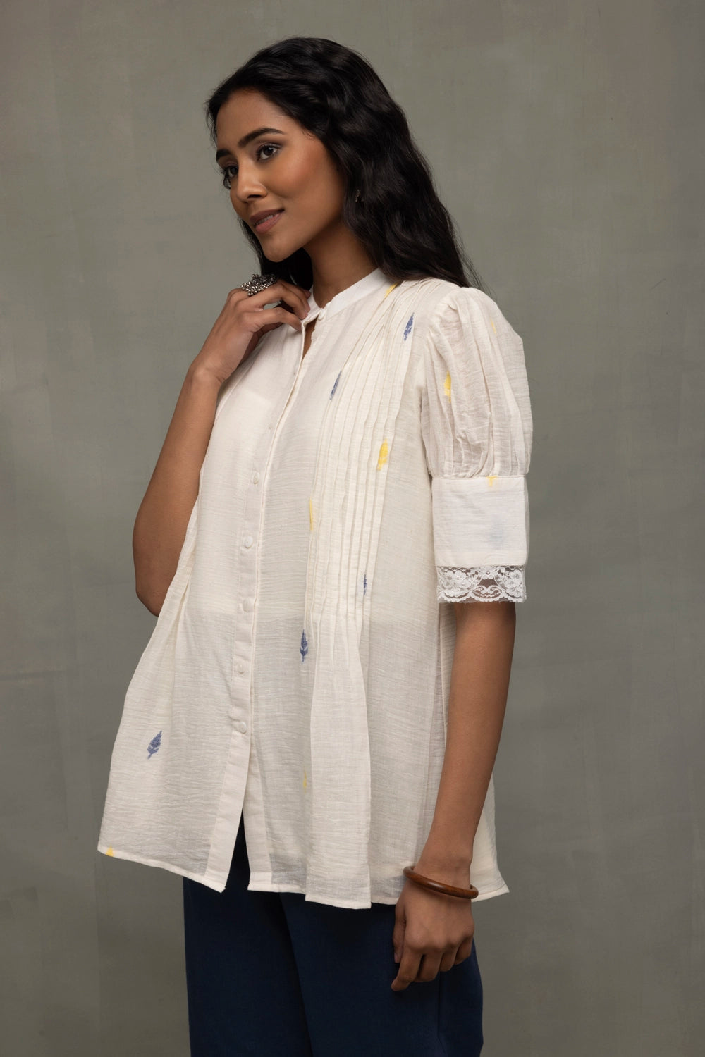 Elegant Ivory Jamdani Puff Sleeve Shirt Top for Casual Everyday Wear