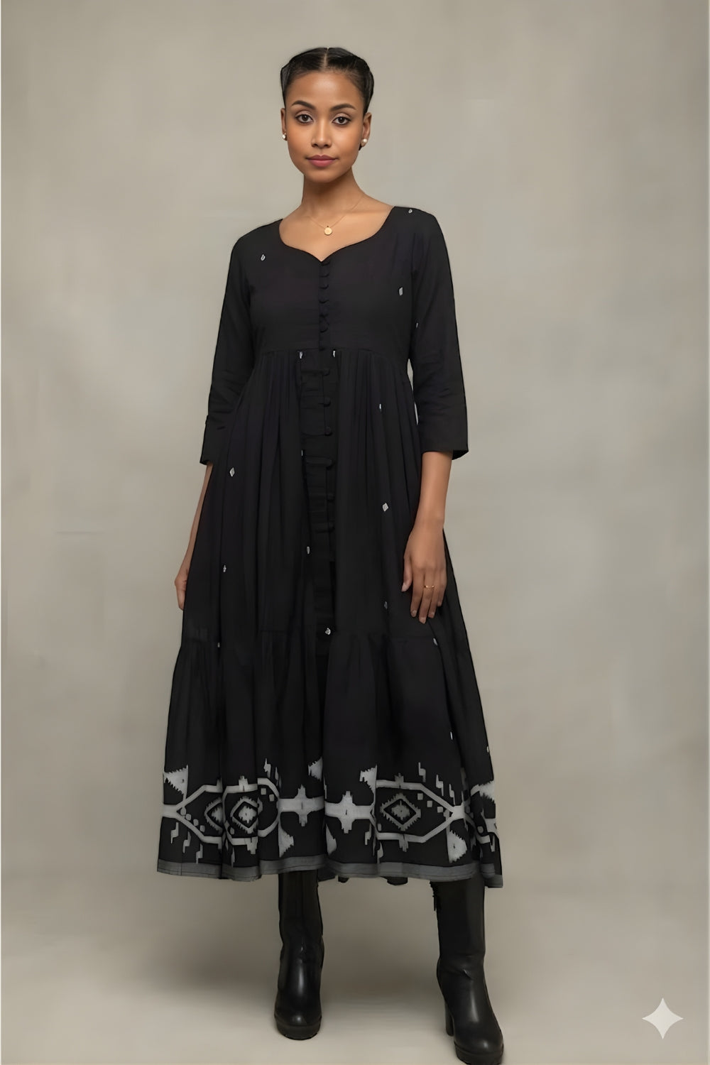 Elegant Midnight Black Jamdani Tiered Midi Dress for Festive Wear
