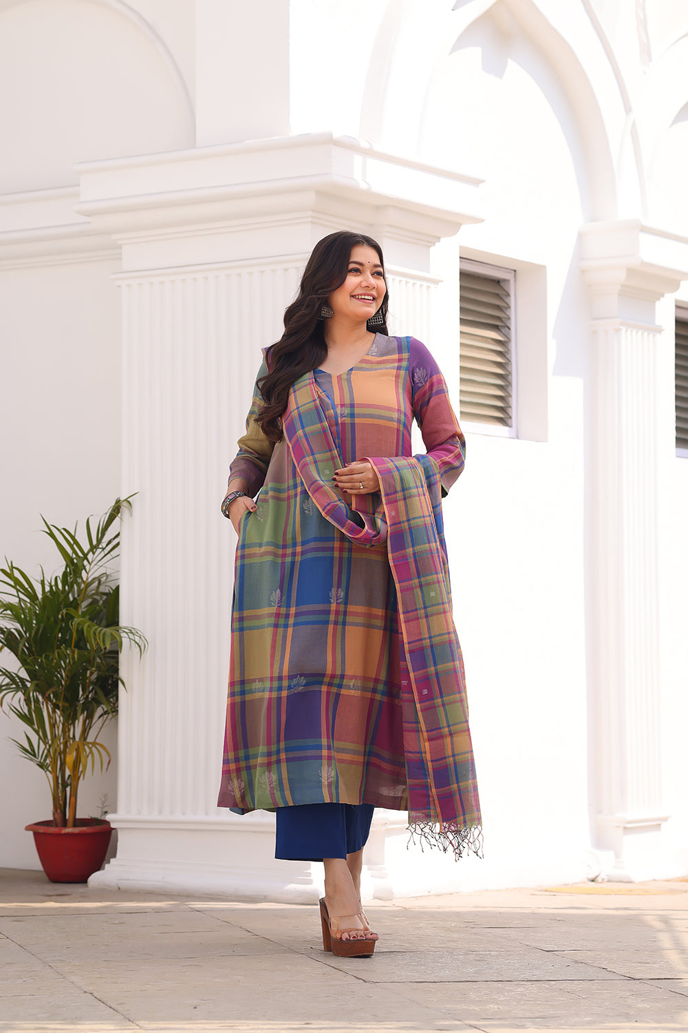Elegant Multicolour Jamdani Kurta Set with Dupatta for Festive Wear