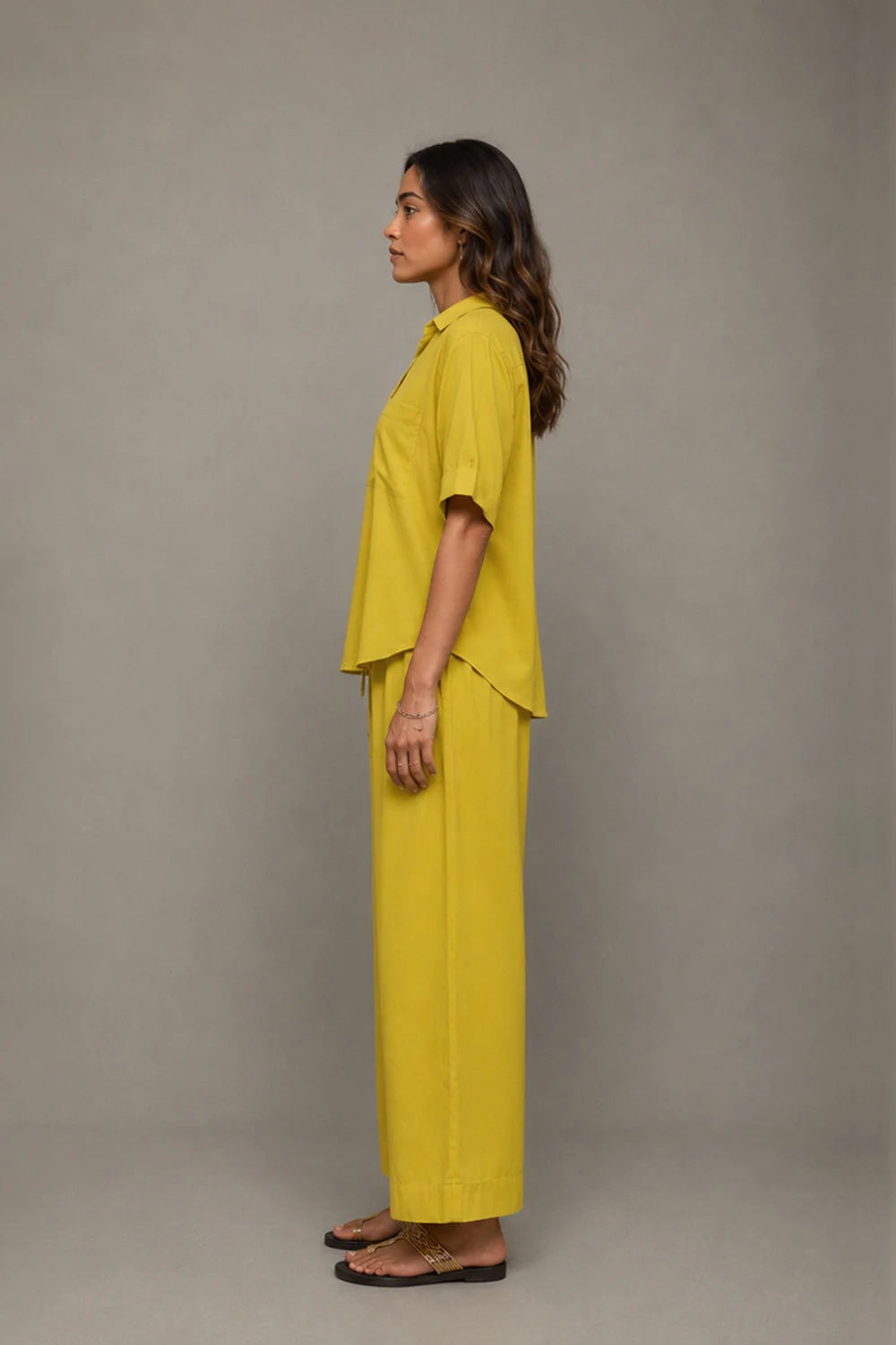 Elegant Mustard Yellow Co-ord Shirt Wide Leg Pant Set for Festive Wear