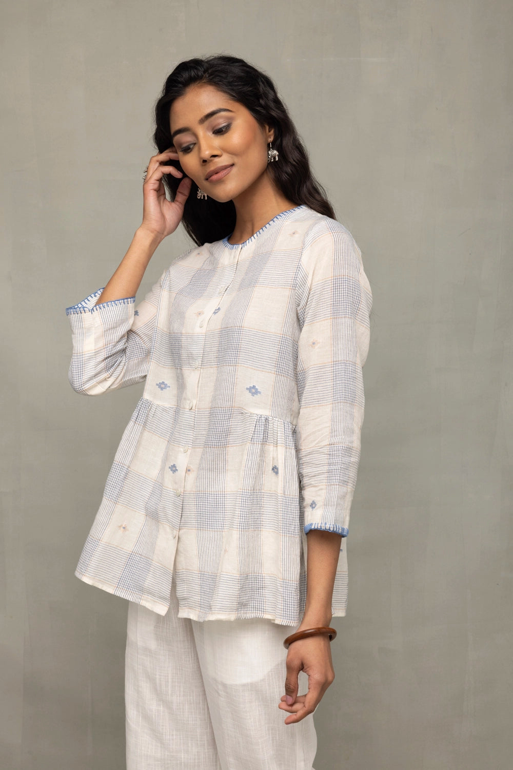 Elegant Off White Blue Check Jamdani Top with Zari Motifs for Festive Wear
