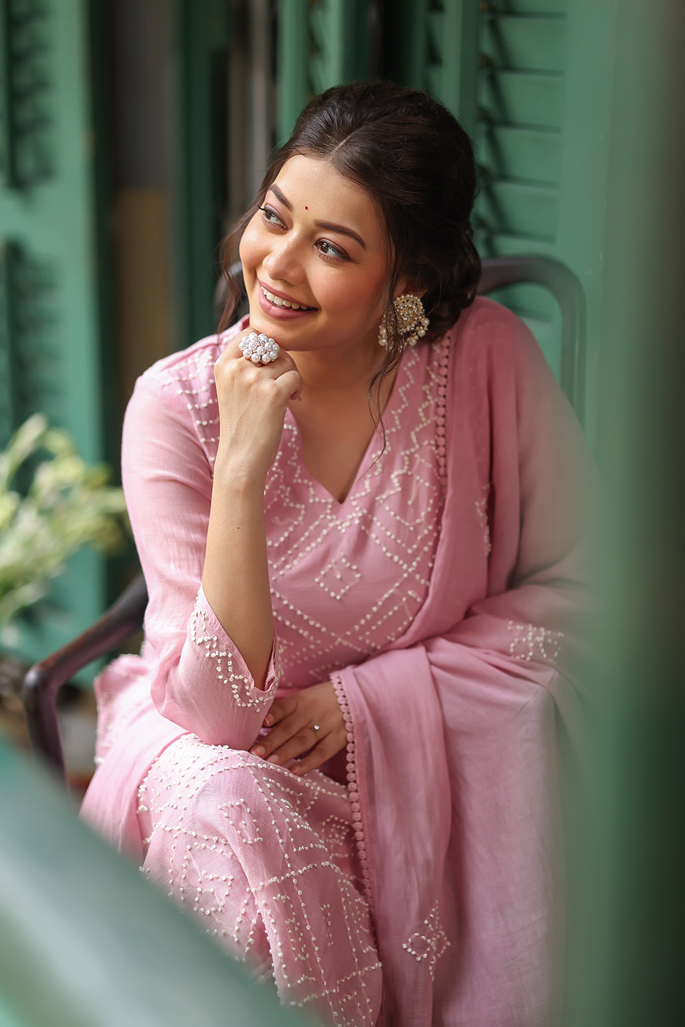Elegant Pastel Pink Chanderi Bandhani Kurta Set with Dupatta for Festive Wear