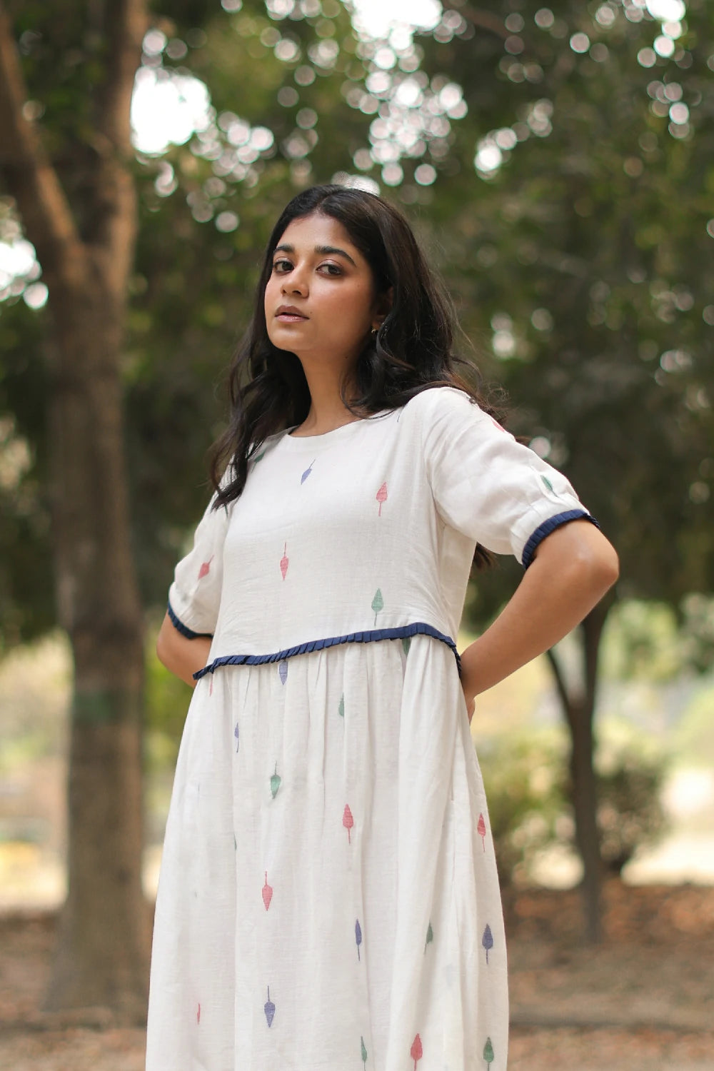 Elegant Pearl White Jamdani Cotton Dress for Festive Wear