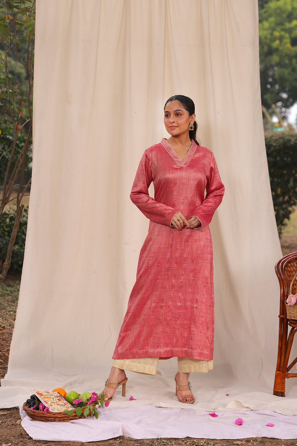 Elegant Pink and Cream Khadi Cotton Co-ord Set for Festive Wear