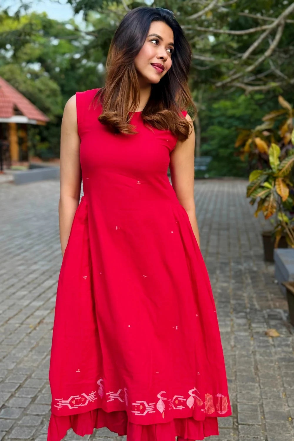 Elegant Radiance Red Layered Jamdani Dress for Festive Wear